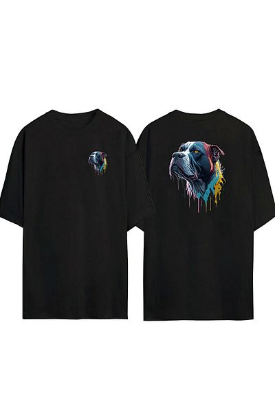 THEWERT Tricou negru supradimensionat cu imprimeu unisex pentru câini, în față, în spate