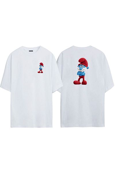 THEWERT Tricou alb supradimensionat, unisex, cu ilustrație, în față, în spate