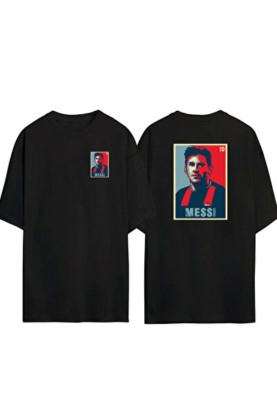 THEWERT تي شيرت ميسي أسود كبير الحجم مطبوع من الأمام والخلف للجنسين