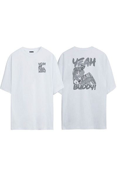 THEWERT Tricou supradimensionat alb cu imprimeu Yeah Buddy, unisex
