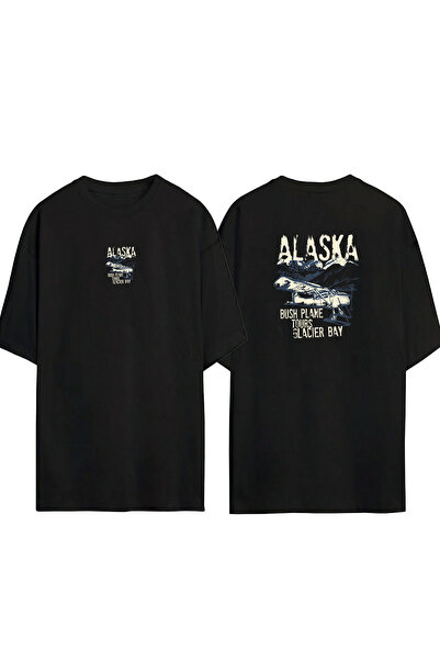 THEWERT تي شيرت أسود كبير الحجم مطبوع عليه طائرة ألاسكا للجنسين من الأمام والخلف