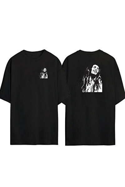 THEWERT Unisex Bob Marley Illustration Negru Alb Fata Spate Imprimat Negru Tr...