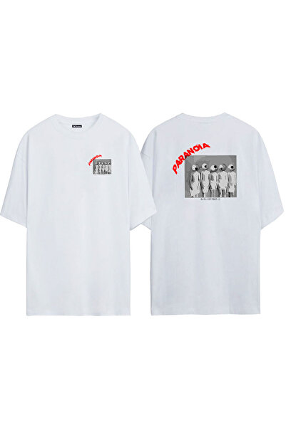 THEWERT Unisex Paranoia Oči Prednja Stražnja Štampano Bela Oversize kroj T-shirt