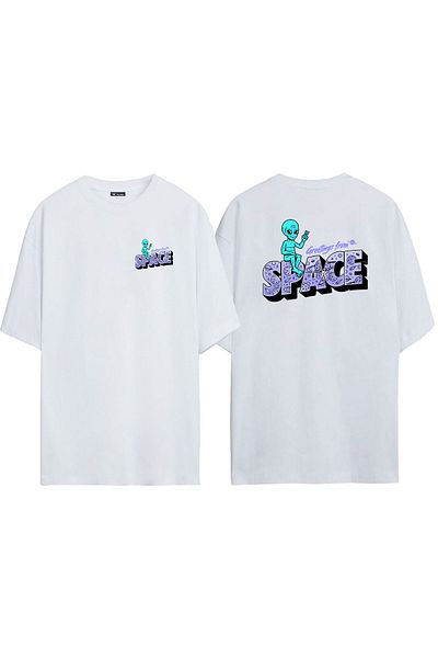 THEWERT Tricou supradimensionat alb cu imprimeu, unisex, salutări din spațiu