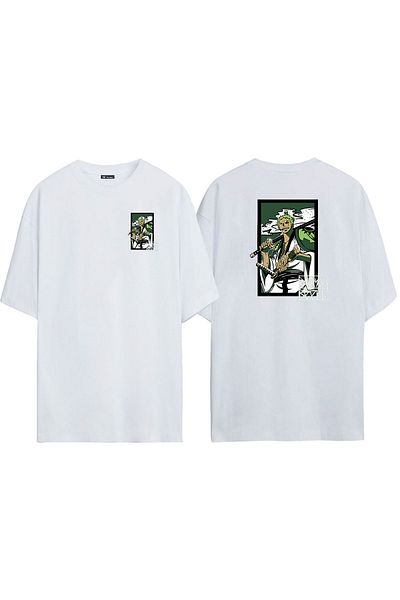 THEWERT Unisex Roronoa Zoro Πράσινο Μπροστινό Πίσω Τυπωμένο λευκό μπλουζάκι Oversize