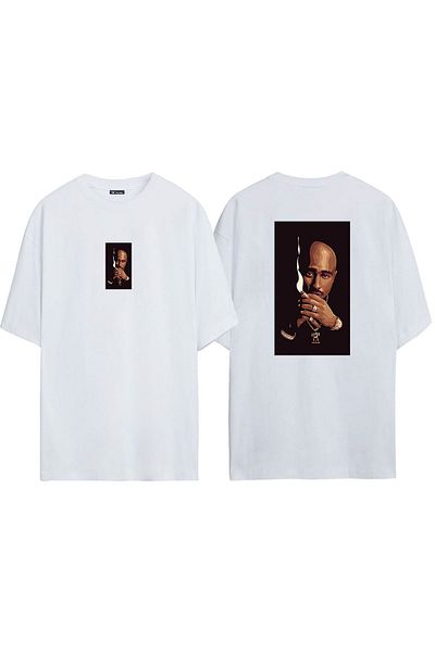 THEWERT Μπλουζάκι Unisex 2Pac Rapper Μπροστά και Πίσω με στάμπα λευκό Oversize