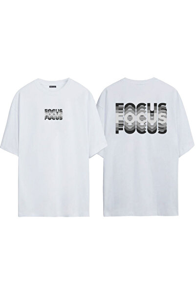 THEWERT Unisex Focus εμπρός και πίσω με στάμπα λευκό μπλουζάκι Oversize