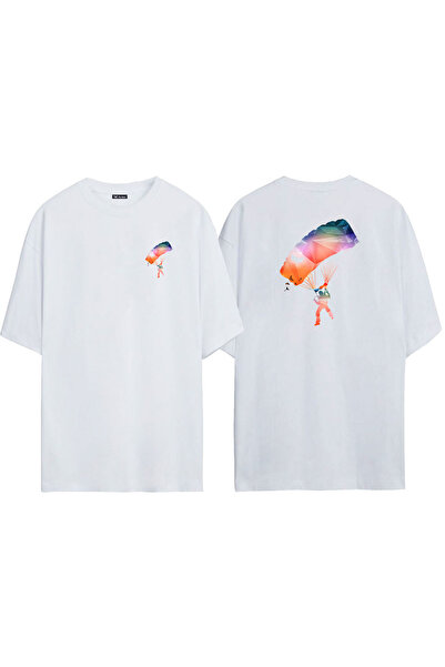 THEWERT Λευκό μπλουζάκι Unisex Oversize - Χρήση με αλεξίπτωτο, στάμπα μπροστά...