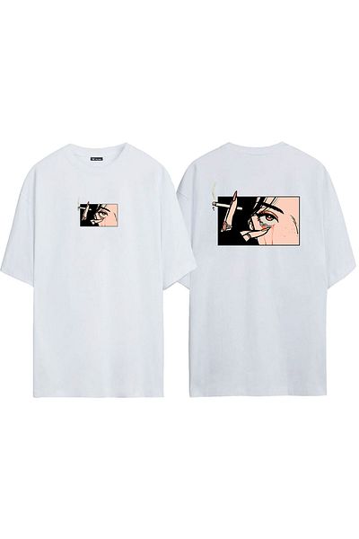 THEWERT Tricou alb oversize cu imprimeu unisex cu personaje de anime Eye Age Față Spate