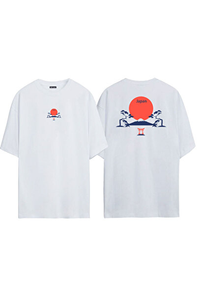 THEWERT Unisex Japan Drvo i Mesec Prednja i Zadnja Štampano Bela Oversize kro...