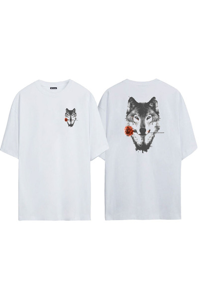 THEWERT Unisex Wolf Red Rose Illustration Biting Gray Wolf Front Back Printed...
