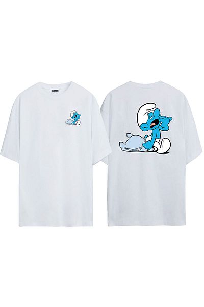THEWERT Tricou alb oversize cu imprimeu, unisex, drăguț, față, spate