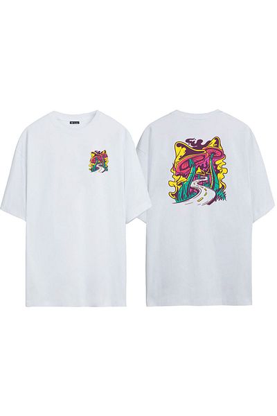 THEWERT Tricou supradimensionat alb cu imprimeu unisex Mushroom Road Fata Spate