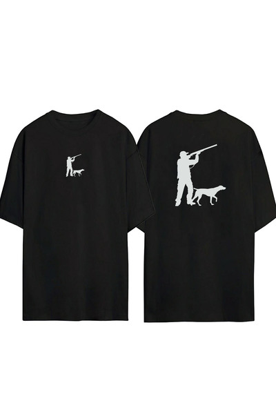 THEWERT تي شيرت أسود كبير الحجم مطبوع عليه صورة ظلية للصياد والكلب للجنسين من...