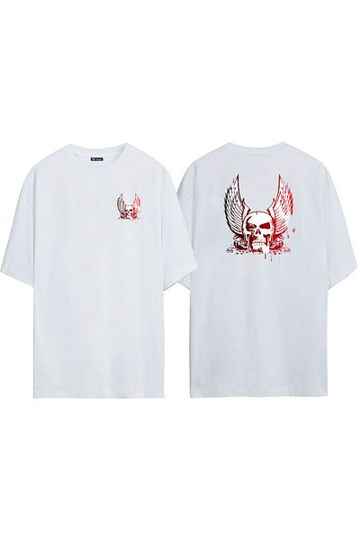 THEWERT Unisex Μαύρο και Κόκκινο Oversize T-shirt - Λεπτομέρεια φτερού, εμπρός και πίσω στάμπα, λευκό