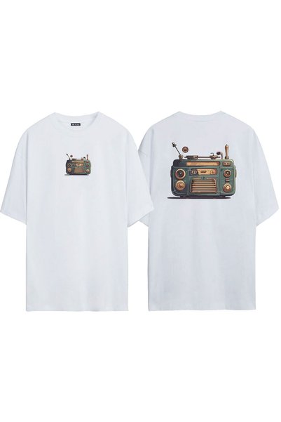 THEWERT Unisex stari radio prednji zadnji Štampano beli Oversize kroj T-shirt