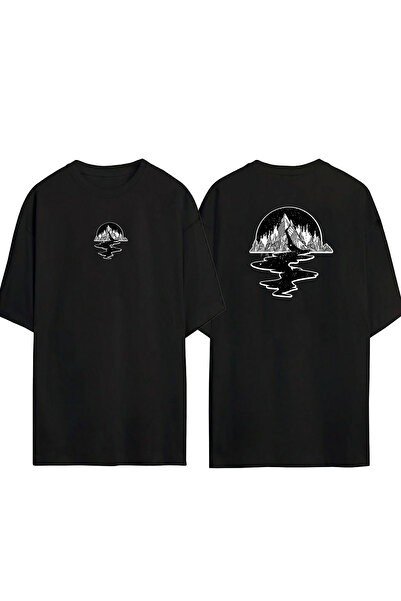 THEWERT Tricou oversize negru cu imprimeu, unisex, stele de munte și cer, faț...