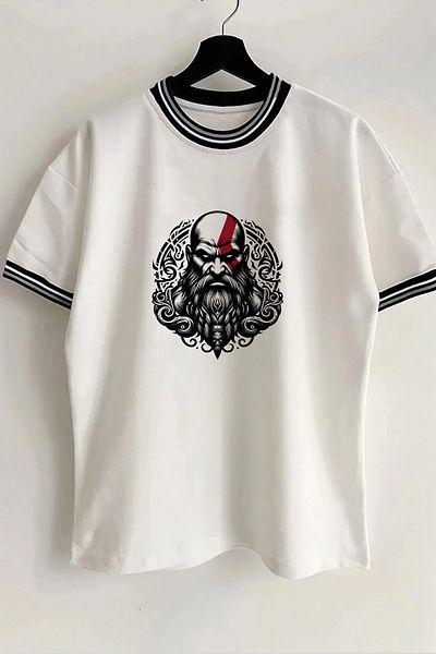 Vordevia Tricou oversize unisex alb cu nervuri, cu imprimeu Kratos, cu guler și mâneci