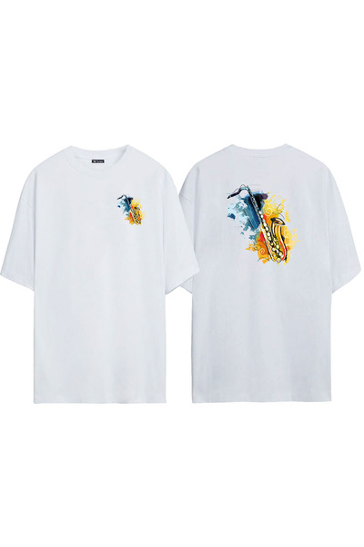 THEWERT تي شيرت أبيض كبير الحجم مطبوع عليه ألوان مائية للجنسين من الأمام والخلف