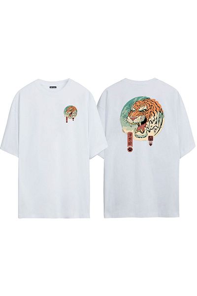 THEWERT Tricou alb oversize cu imprimeu unisex Samurai Tiger față spate