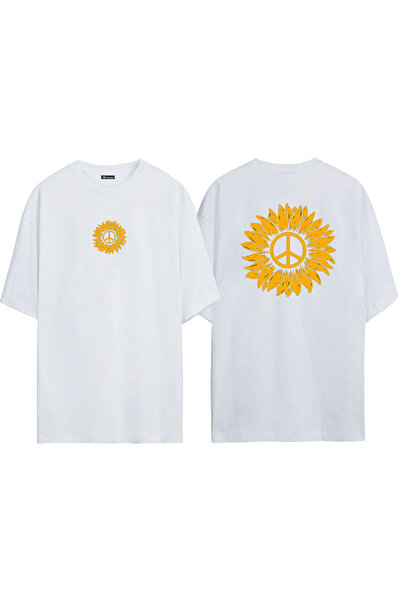 THEWERT تي شيرت أبيض كبير الحجم مطبوع عليه علامة السلام والبابونج الأمامي وال...