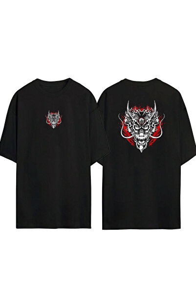 THEWERT Tricou supradimensionat unisex Dragon Red Alb Fata Spate Imprimat Negru