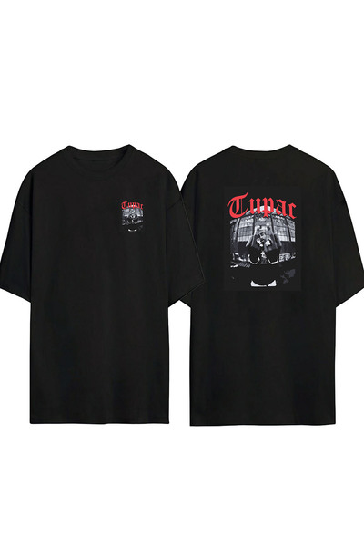 THEWERT Unisex Tupac Factory Prednja i zadnja strana Štampano Crna Oversize k...
