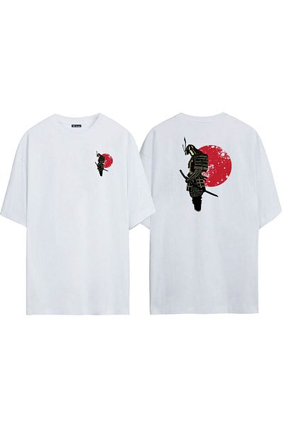 THEWERT Unisex Armor Samurai Ilustrație Față Spate Tricou alb oversize imprimat