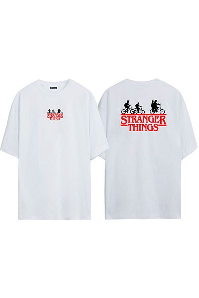THEWERT Unisex Stranger Things Μπροστά πίσω με στάμπα λευκό μπλουζάκι Oversize