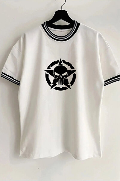 Vordevia Punisher Printed New Season Λευκό Oversize Unisex Tshirt με λεπτομέρ...
