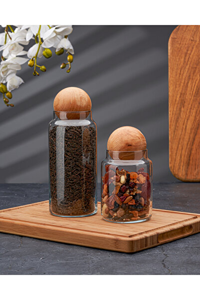 Sensoria 2'Li Ahşap Top Kapaklı Cam Kavanoz Seti Şekerlik Çerezlik Baharatlık...