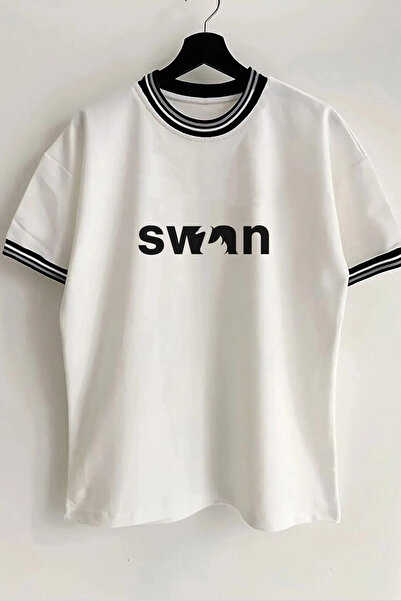 Vordevia Tricou unisex alb oversize cu imprimeu de lebădă, cu detaliu de gule...