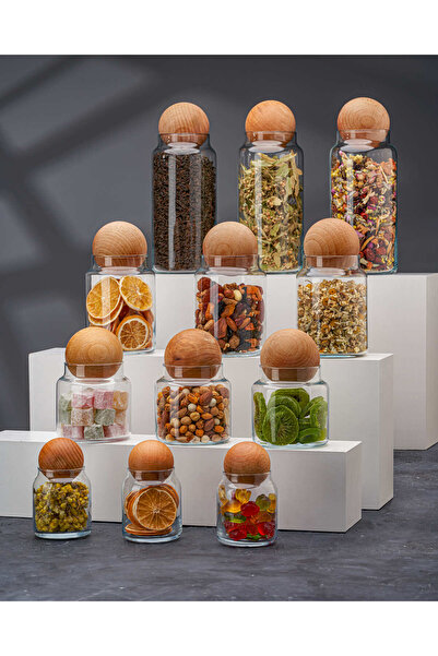 Sensoria 12'Li Ahşap Top Kapaklı Cam Kavanoz Seti Şekerlik Çerezlik Baharatlı...