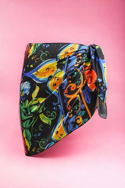 pistore Black and Yellow Motifed Anatolian Patterned Short Pareo Satin Women's Beach Dress New Season