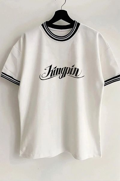 Vordevia Tricou unisex oversize alb cu nervuri, cu imprimeu Echo Kingpin, cu guler și mâneci, detaliat