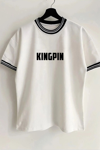 Vordevia Tricou unisex oversize alb cu nervuri, cu imprimeu Echo Kingpin, cu guler și mâneci, detaliat