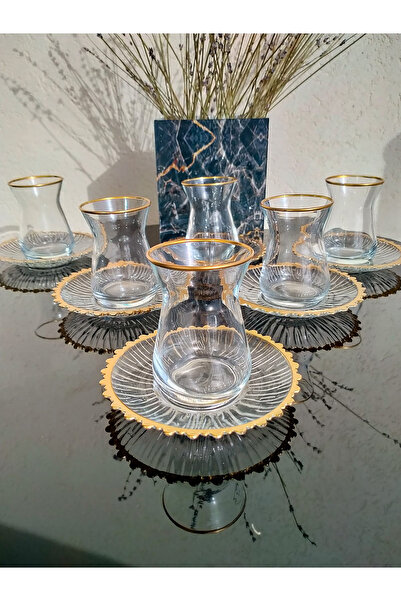 P H Panayır Home Pasabahç Lüx Gold Çay Seti - 12 Parça Gold Çay Bardağı Takım...