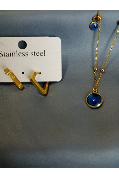 KobalBusiness Çelik set  Gold-topçuk boncuklu 45 cm zincirli kolye+ üçgen  kl...