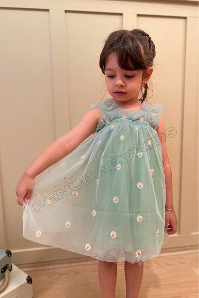 penu baby kids Green Colored Embroidery Daisy Embroidered Strap Baby Girl & Girl Dress - Elisa