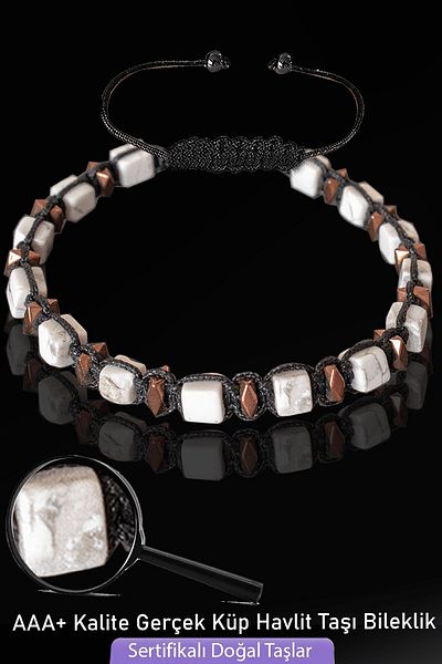 Tesbih Atölyesi Certified Cube Model Real Howlite Stone Bracelet - Adjustable