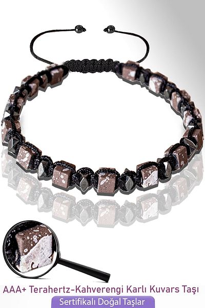 Tesbih Atölyesi Certified Cube Model Brown Snowy Quartz Stone Bracelet - Adjustable