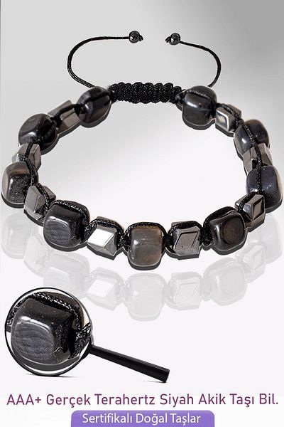Tesbih Atölyesi Certified Cube Model Black Agate Stone Bracelet - Adjustable