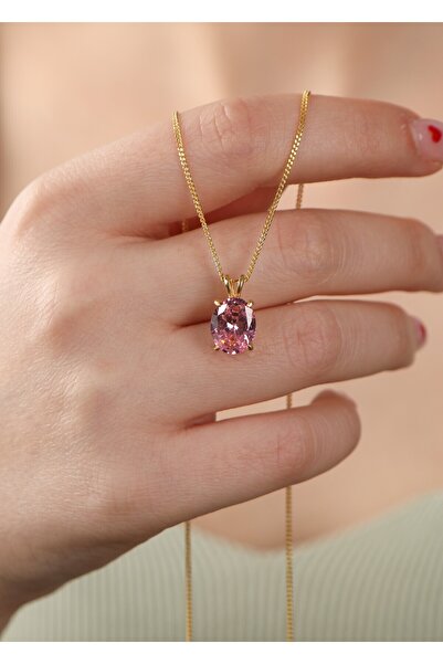 LİNOVE JEWELLERY Pembe Oval Gümüş Kolye 925 Ayar Gümüş Doğum Taş Kolye, Oval ...