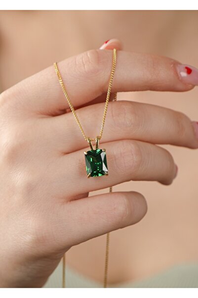 LİNOVE JEWELLERY Zümrüt Gümüş Kolye 925 Ayar Gümüş Doğum Taş Kolye, Baget Eme...