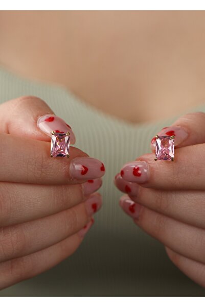 LİNOVE JEWELLERY Pembe Baget Gümüş Küpe 925 Ayar Gümüş Küpe Üzeri Altın Kapla...