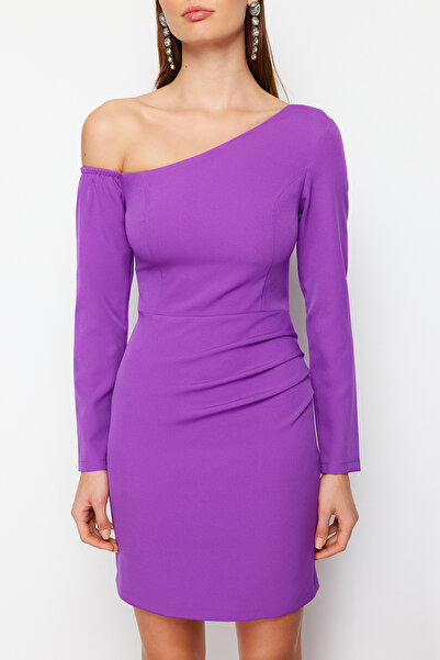Trendyol Collection TPRAW24EL00083 - Rochie de seara, scurta, eleganta, drapata violet