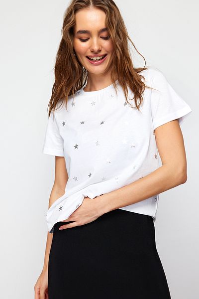 Trendyol Collection White 100% Cotton Foil Star Printed Regular/Regular Fit Crew Neck Knitted T-Shirt TWOSS20TS0757