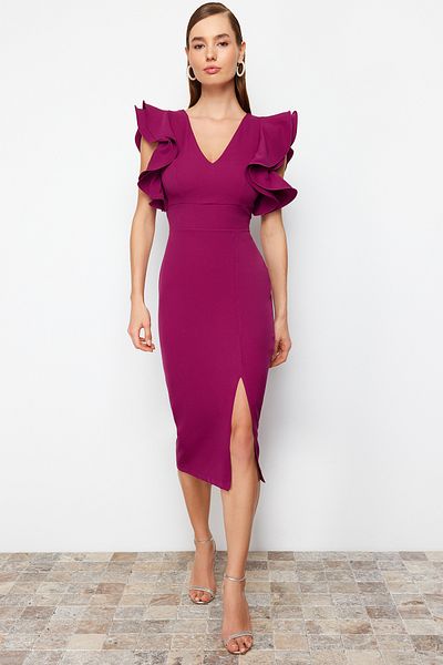 Trendyol Collection Stílusos szőtt estélyi ruha - szilva fodros részlet, TPRSS20EL2661