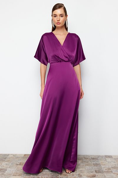 Trendyol Collection Švestkové tkané šaty A-Line Noční promoce Dlouhé elegantní večerní šaty TPRSS24AE00008
