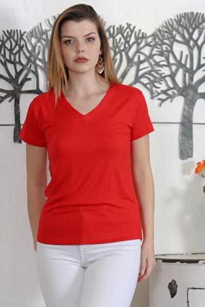Chiccy Red V-Neck Short Sleeve Knitted Casual Blouse